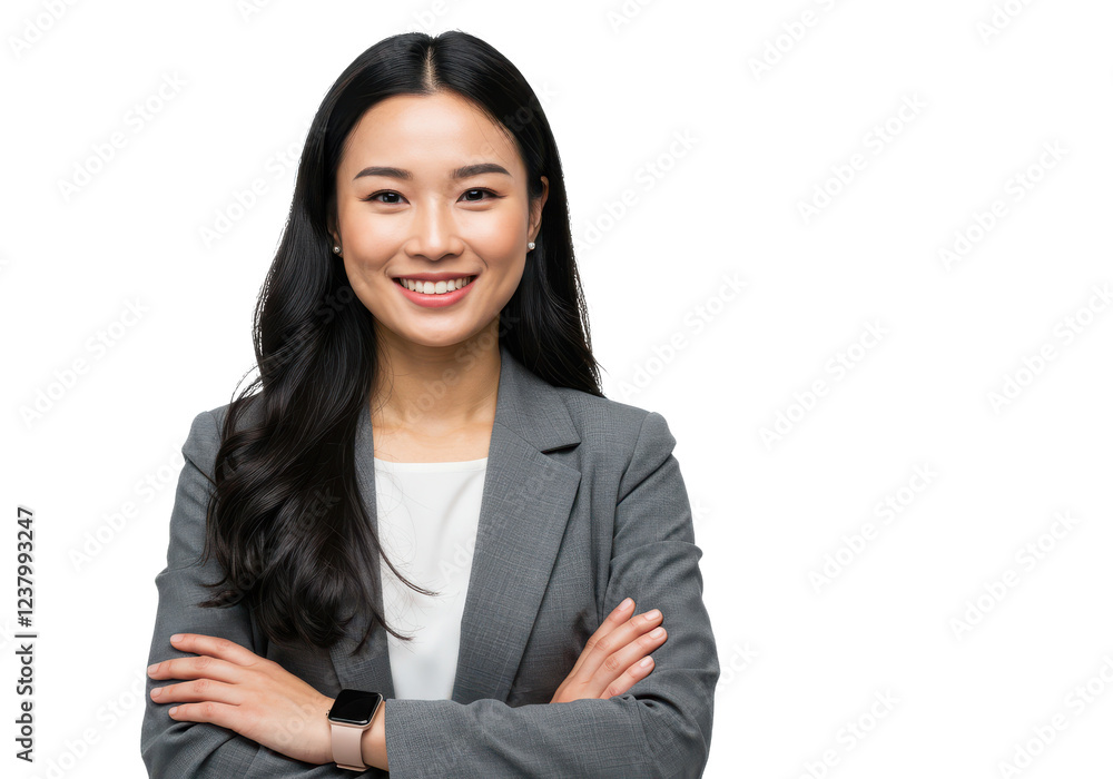 A smiling woman with long black hair wearing a gray blazer and white blouse, standing with arms crossed. The image is isolated on a white background A smiling woman with long black hair wearing a gray blazer and white blouse, standing with arms crossed. The image is isolated on a white background