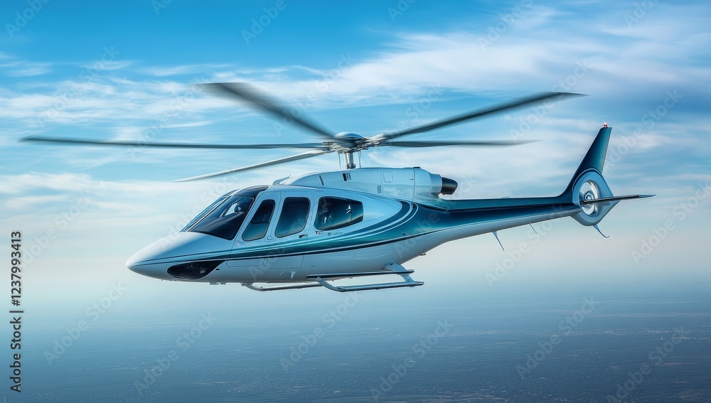 Modern helicopter in flight against a blue sky. Modern helicopter in flight against a blue sky.
