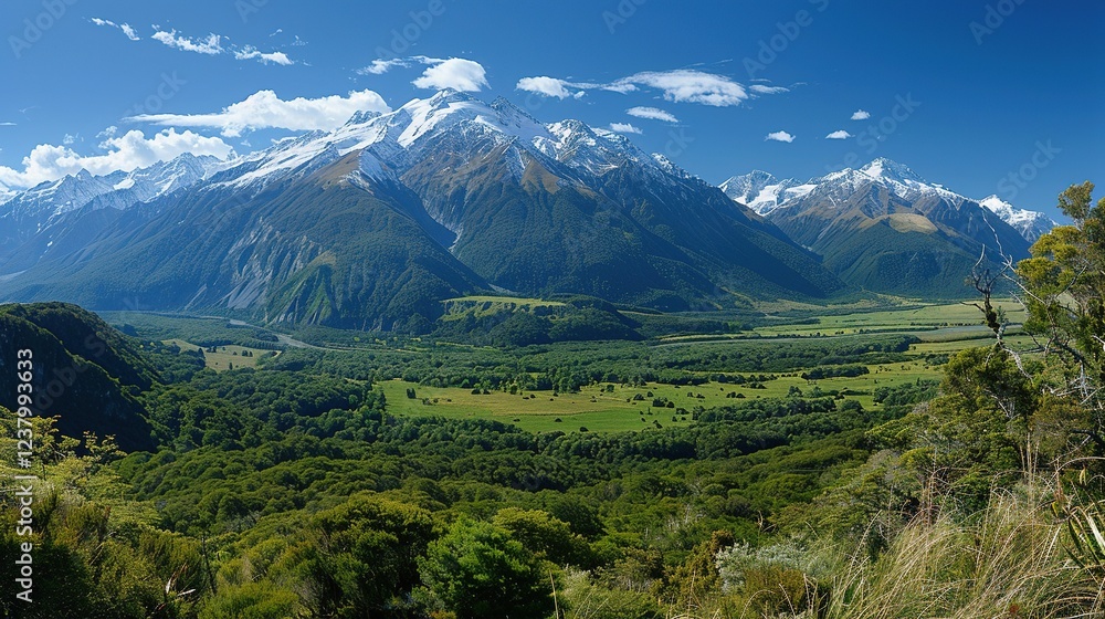 Naklejka premium Majestic Snow capped Mountains Lush Green Valley Landscape
