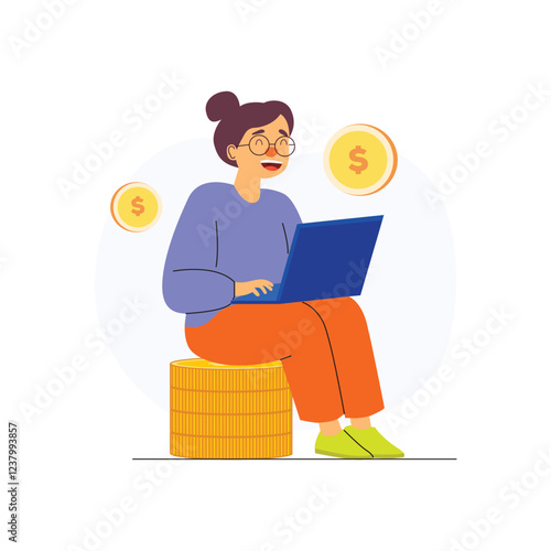 crowdfunding illustration with character sitting on a pile of coins with a laptop