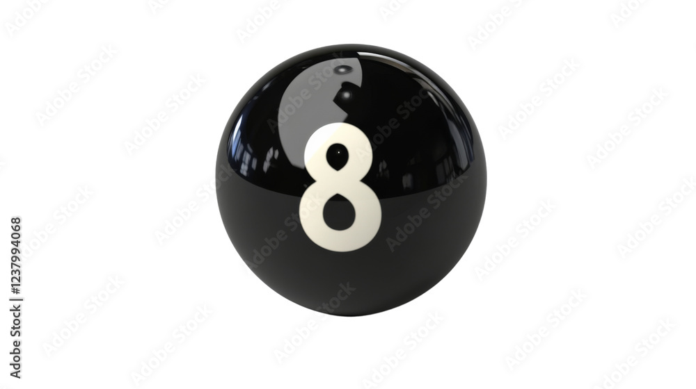 Black eight ball on transparent background showing number eight