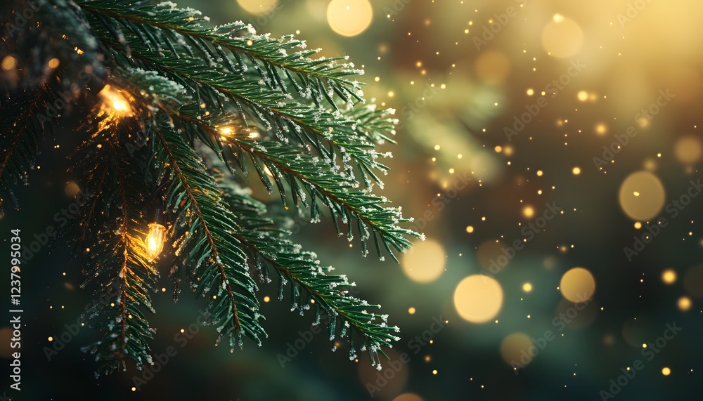 Frosty Pine Branch With Warm Lights And Festive Glow Frosty Pine Branch With Warm Lights And Festive Glow