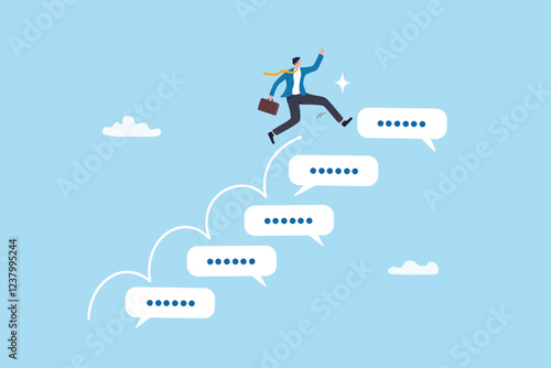 Advice, discussion talking, guidance, tips or suggestion for business success, help, wisdom, feedback to help develop improvement concept, businessman walk up speech bubble as stair to reach success.