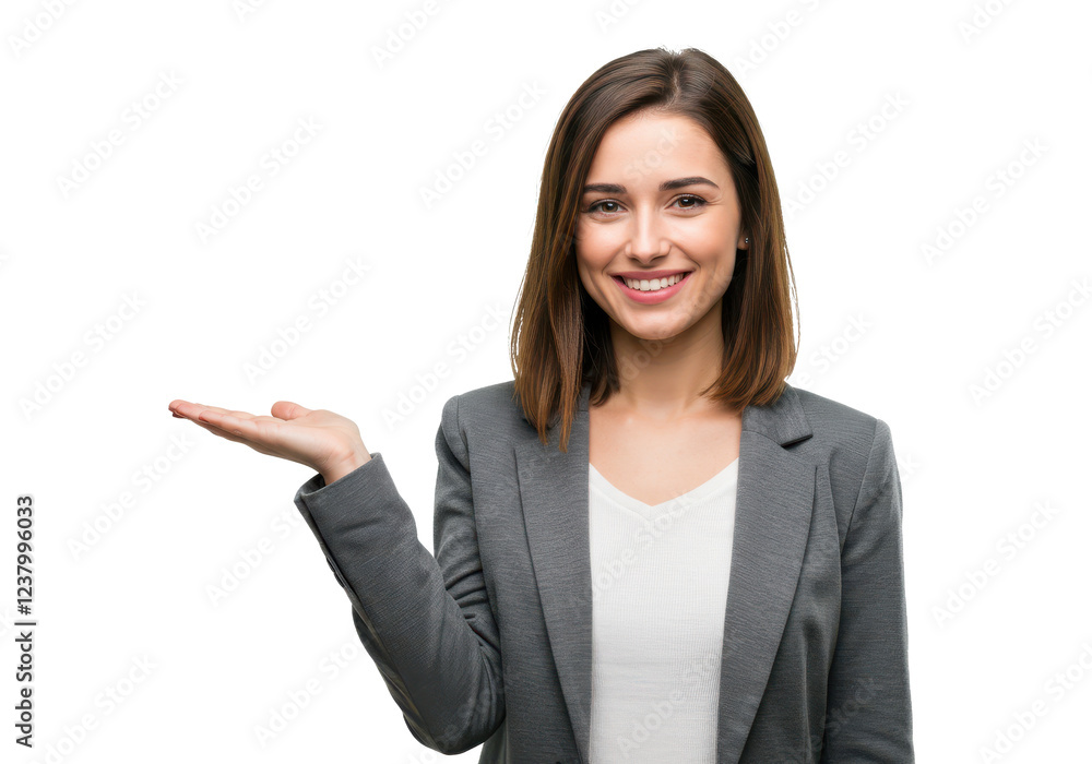 A smiling woman with shoulder-length brown hair, wearing a gray blazer over a white blouse, holding one hand open in a presenting gesture A smiling woman with shoulder-length brown hair, wearing a gray blazer over a white blouse, holding one hand open in a presenting gesture