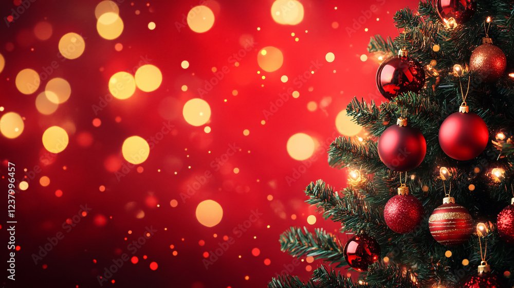 Christmas tree adorned with ornaments and bokeh lights set against a red backdrop. Christmas tree adorned with ornaments and bokeh lights set against a red backdrop.