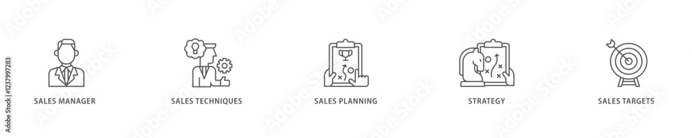 Sales management icon set flow process which consists of manager, sales techniques, planning, strategy, and targets icon live stroke and easy to edit . Sales management icon set flow process which consists of manager, sales techniques, planning, strategy, and targets icon live stroke and easy to edit .
