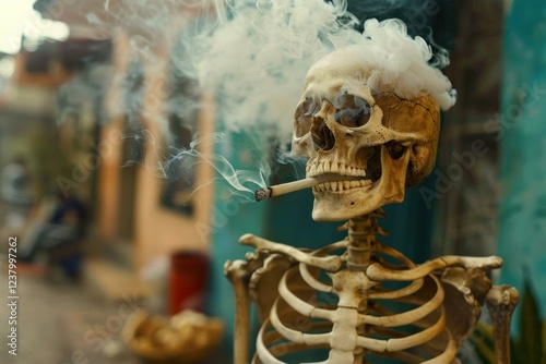 Skeleton smoking a cigarette and exhaling smoke, representing danger of smoking and unhealthy lifestyle photo