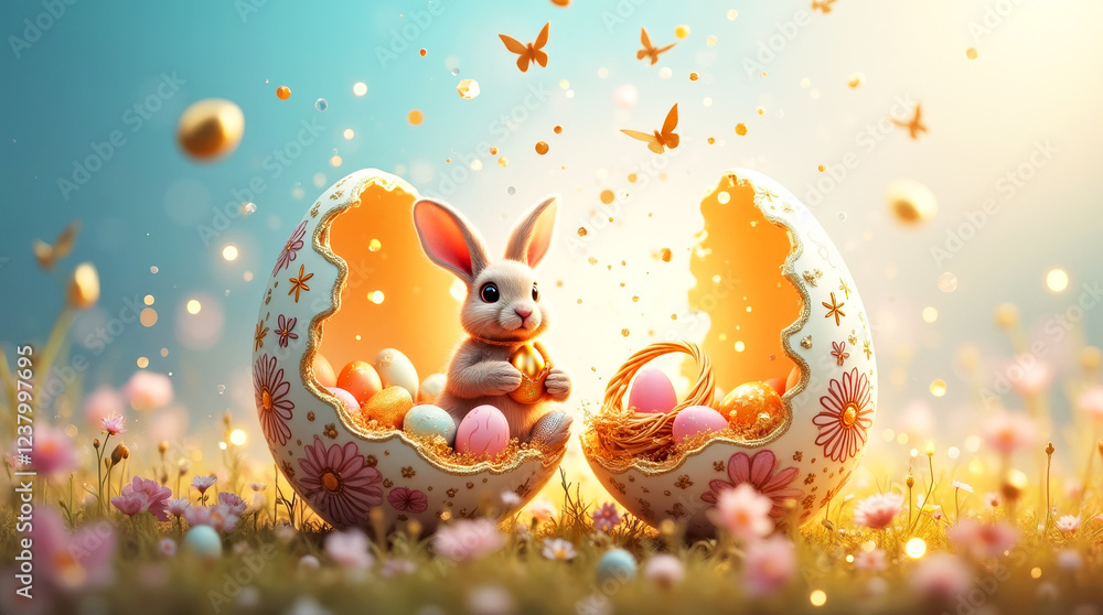 Naklejka premium Adorable Bunny in Decorated Egg Wonderland with Springtime Butterflies and Flowers. Easter concept