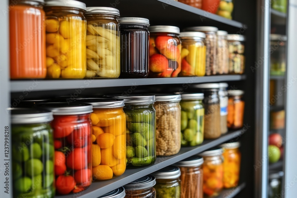 Organizing a set of canned fruits and vegetables in a neatly arranged pantry home kitchen image bright and clean environment eye-level view efficient storage concept Organizing a set of canned fruits and vegetables in a neatly arranged pantry home kitchen image bright and clean environment eye-level view efficient storage concept