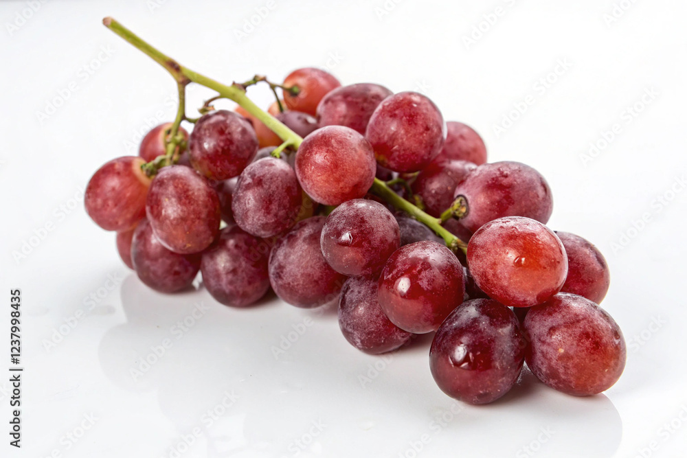 Red Grapes on Stem: A vibrant bunch of red grapes, glistening with dew, hangs from its stem, showcasing its plump, juicy berries. The image is perfect for showcasing fresh produce, healthy eating. Red Grapes on Stem: A vibrant bunch of red grapes, glistening with dew, hangs from its stem, showcasing its plump, juicy berries. The image is perfect for showcasing fresh produce, healthy eating.