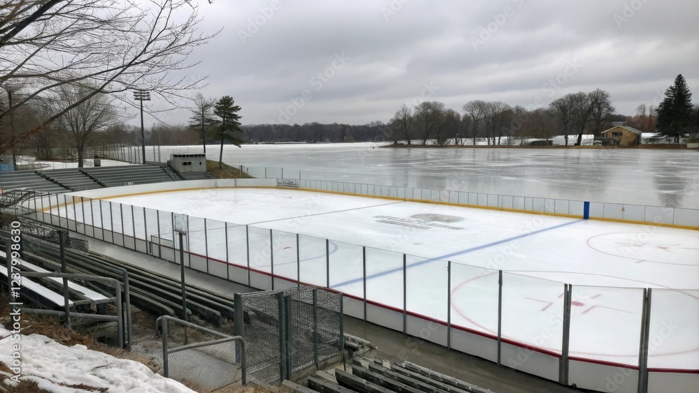 Naklejka premium Ice hockey rink with frozen pond background, winter sports, icy surface, winter scenery, ice skating