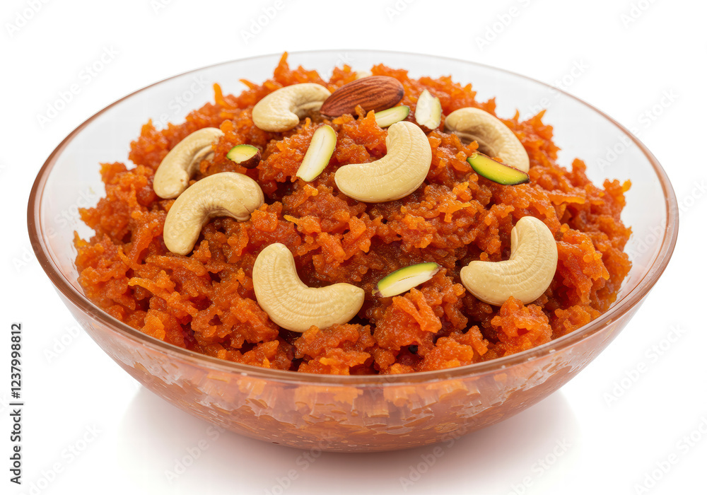 Fototapeta premium Gajar Ka Halwa, a Delicious Carrot-Based Indian Dessert Pudding, Garnished with Cashews and Almonds, Served in a Bowl
