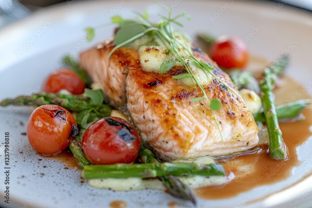Grilled salmon fillet with asparagus and cherry tomatoes, topped with a creamy sauce. Grilled salmon fillet with asparagus and cherry tomatoes, topped with a creamy sauce.