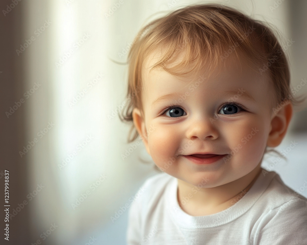 Adorable Baby Portrait with Bright Smile in a Warm Soft Light Setting, Ideal for Family and Parenting Themes Adorable Baby Portrait with Bright Smile in a Warm Soft Light Setting, Ideal for Family and Parenting Themes