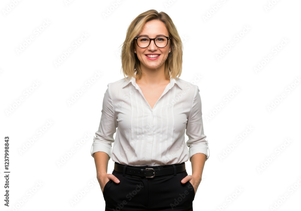 A smiling woman with shoulder-length blonde hair wearing glasses, a white blouse, and black trousers A smiling woman with shoulder-length blonde hair wearing glasses, a white blouse, and black trousers