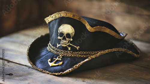 Pirate hat, captain headgear sailor cap with jolly roger skull, chain and anchor isolated cartoon seafarer hat. Vector buccaneer filibuster, tricorn black cap. Seafarer headdress, piracy symbol photo