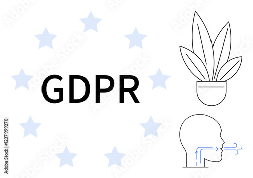 GDPR text encircled by stars, potted plant on top right, head profile with airflow arrows on bottom right. Ideal for data privacy, compliance, regulation, cyber security, communication, information