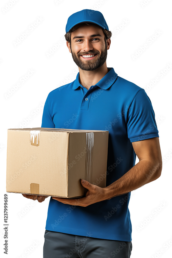 A Happy Deliveryman holding a cardboard box isolated on a transparent background, a happy express delivery professional person working courier package delivery shipping service worker A Happy Deliveryman holding a cardboard box isolated on a transparent background, a happy express delivery professional person working courier package delivery shipping service worker