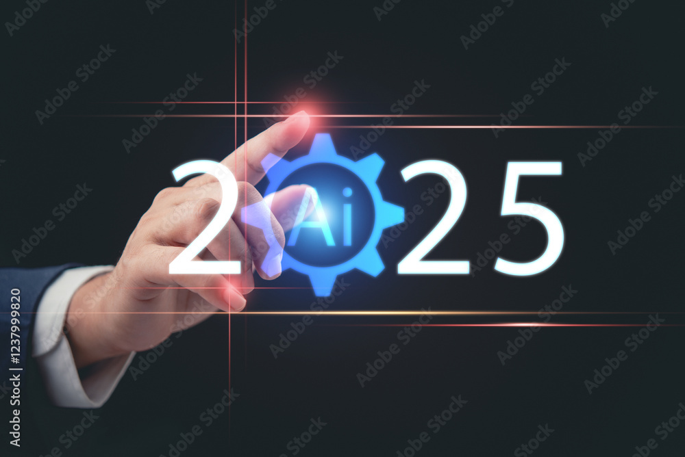 Fototapeta premium AI technology in 2025. Businessman touches futuristic digital interface with artificial intelligence symbol, representing innovation, automation, and smart industry.