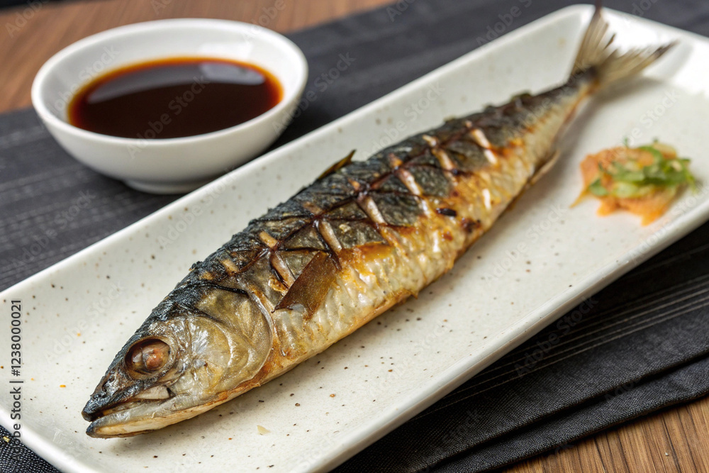 Grilled Saba: A perfectly grilled saba (mackerel) fillet, glistening with savory oils, rests on an elegant rectangular plate, accompanied by a small bowl of soy sauce and a garnish of pickled ginger. Grilled Saba: A perfectly grilled saba (mackerel) fillet, glistening with savory oils, rests on an elegant rectangular plate, accompanied by a small bowl of soy sauce and a garnish of pickled ginger.