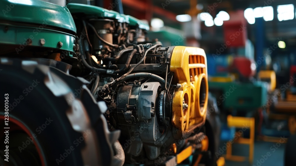 Fototapeta premium Close-up of a tractor engine showcasing industrial machinery and mechanical components.