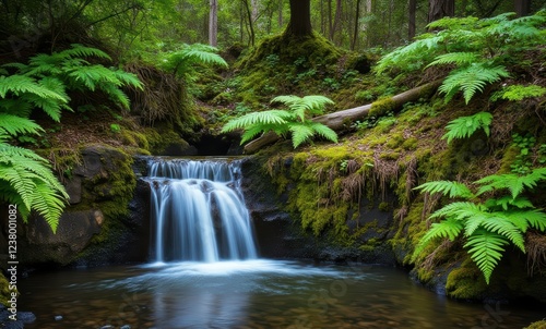 Serene waterfall surrounded by lush greenery