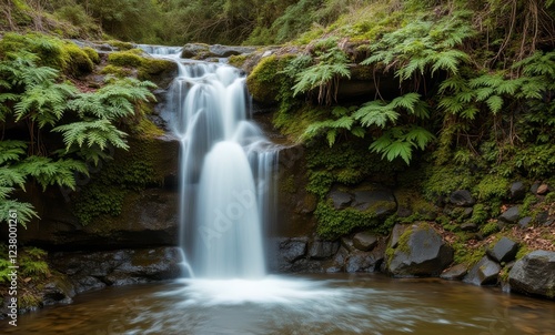 Serene waterfall surrounded by lush greenery