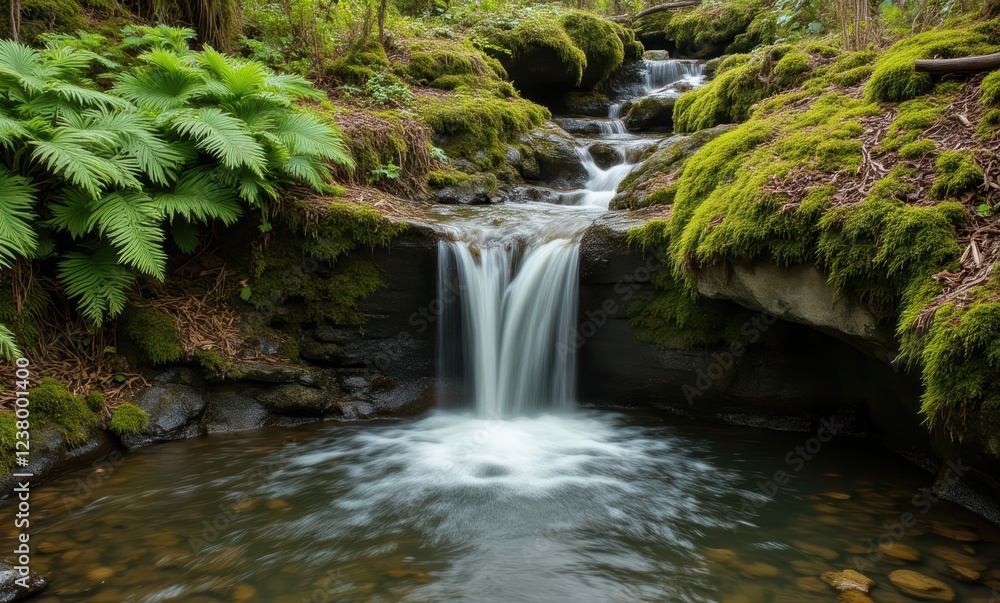 Serene waterfall in lush green forest Serene waterfall in lush green forest