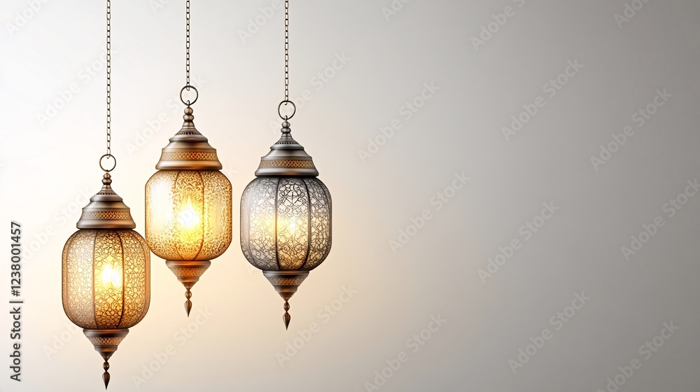 Festive hanging lanterns, illuminated, light background, celebration Festive hanging lanterns, illuminated, light background, celebration