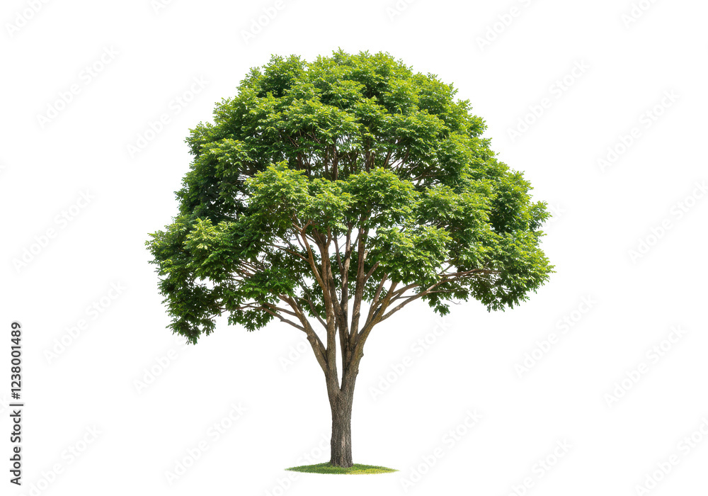 A tall, lush green tree with a well-defined trunk and spreading branches, isolated on a white background A tall, lush green tree with a well-defined trunk and spreading branches, isolated on a white background
