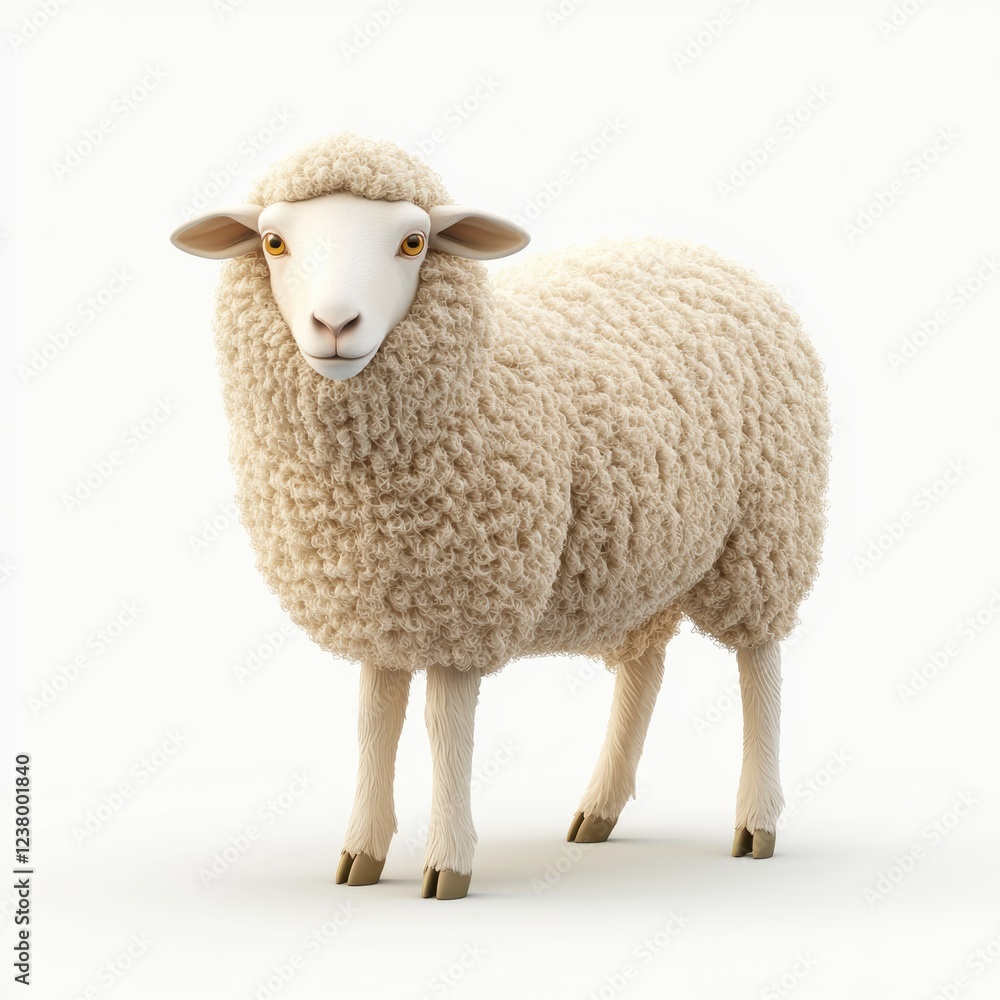 Curly-haired sheep with a gentle face standing in a field, centered on a clean white background