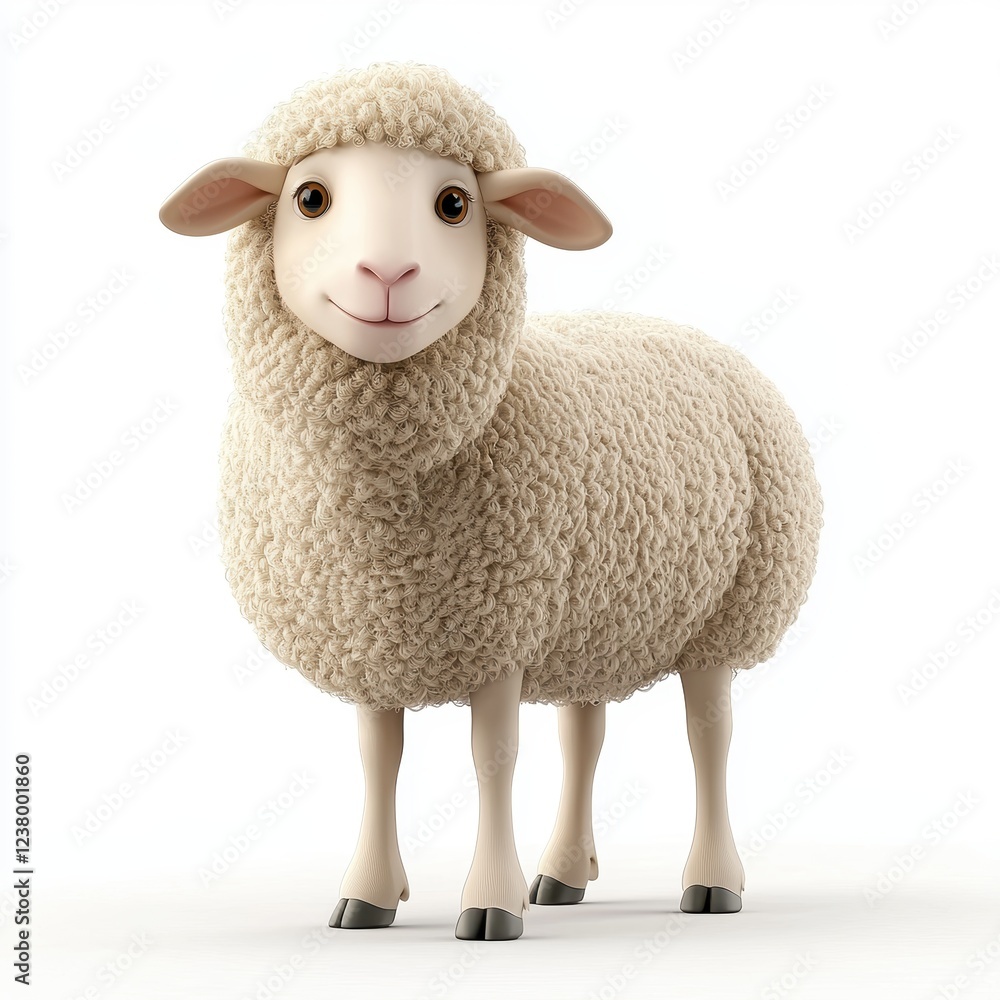 Fototapeta premium Curly-haired sheep with a gentle face standing in a field, centered on a clean white background
