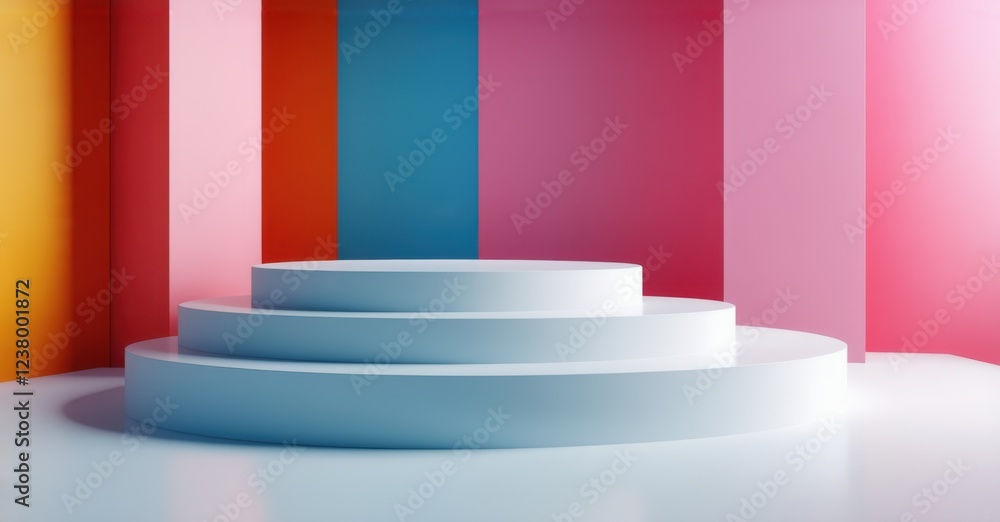 Podium, round shape, with bright contrast in a 3D geometric render, showcasing sharp angles and modern design, set against a dynamic background, creating a bold, futuristic ambiance Podium, round shape, with bright contrast in a 3D geometric render, showcasing sharp angles and modern design, set against a dynamic background, creating a bold, futuristic ambiance