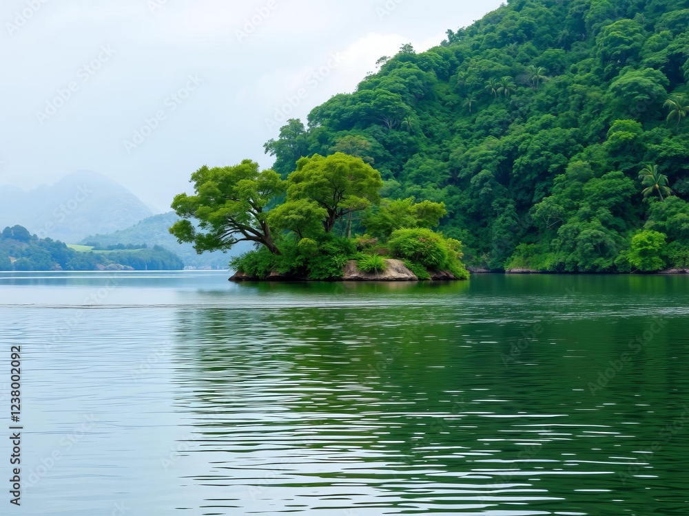 A peaceful scene of a single tree on a small island in calm water, with a blurred natural backdrop, solitude, beauty, serene A peaceful scene of a single tree on a small island in calm water, with a blurred natural backdrop, solitude, beauty, serene