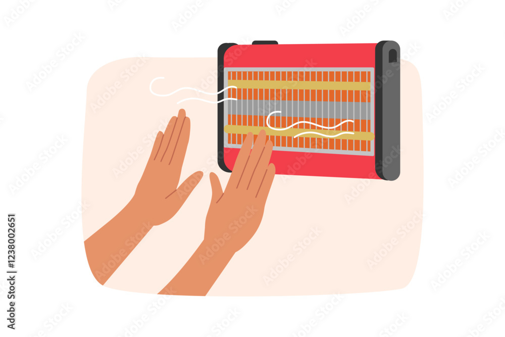 Hands near electric heater that allows to stay warm in cold winter weather and avoid colds. Hot air comes from electric heater, warming frozen person after walk in sub-zero temperatures