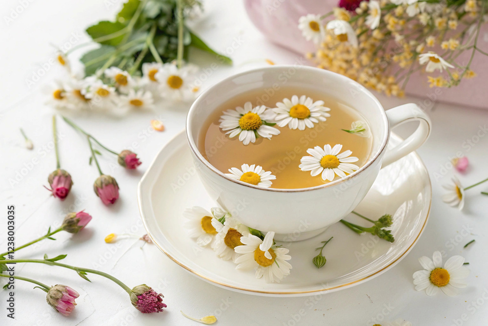 Chamomile Tea Tranquility: A delicate white teacup filled with chamomile tea, adorned with floating chamomile blossoms, sits on a saucer surrounded by scattered chamomile flowers and buds. Chamomile Tea Tranquility: A delicate white teacup filled with chamomile tea, adorned with floating chamomile blossoms, sits on a saucer surrounded by scattered chamomile flowers and buds.