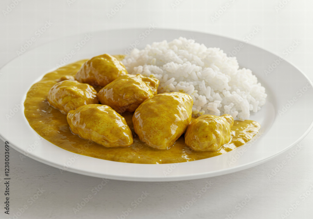 Juicy and Flavorful Curry Chicken Served with White Rice on a Plate, Captured in a Side View Against a Tablecloth Background Juicy and Flavorful Curry Chicken Served with White Rice on a Plate, Captured in a Side View Against a Tablecloth Background