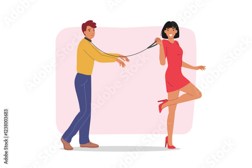 Toxic relationship between man and woman leading boyfriend on leash, showing dominance. Girl uses dominance to keep groom and avoid losing control over relationship or family life.