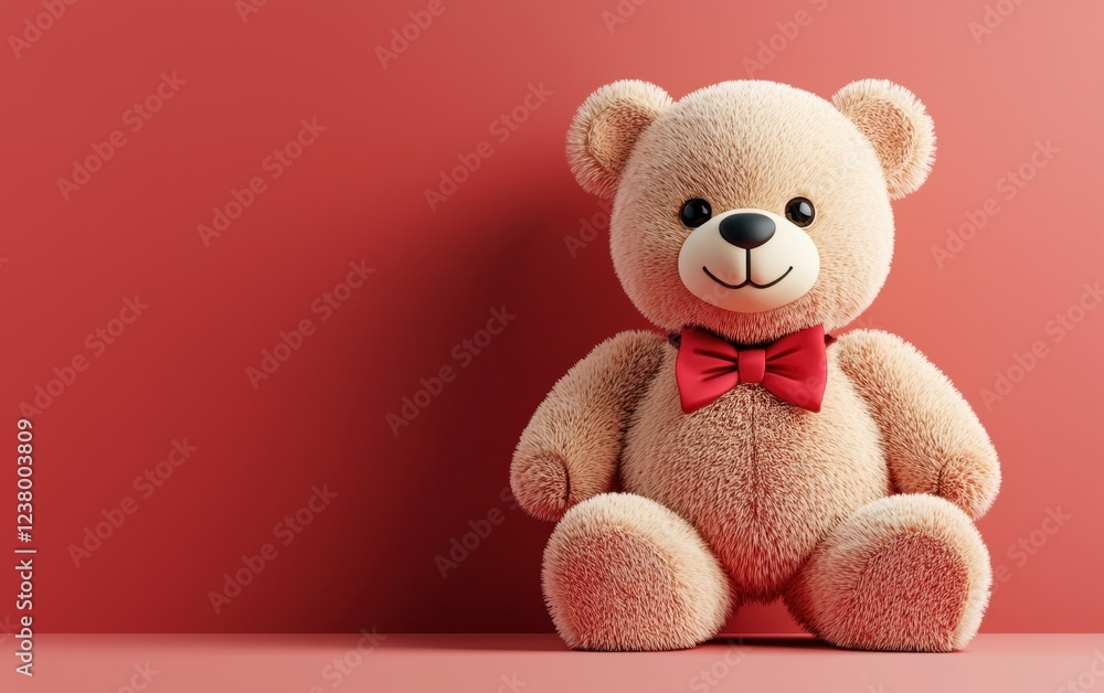 Obraz premium Cute teddy bear with a bowtie for Saint Valentines Day and 8 March Womans Day, on a warm red-to-white gradient background
