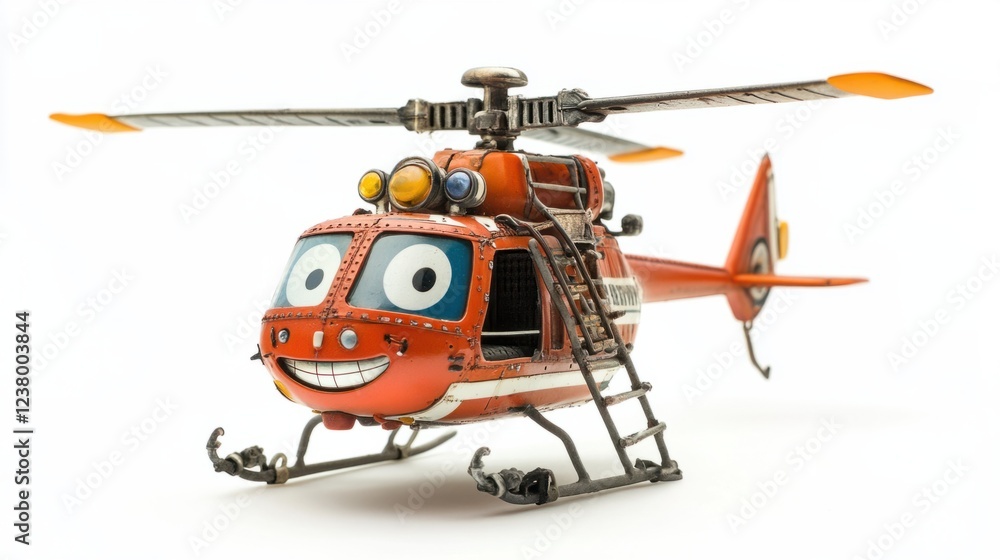 A tiny rescue helicopter with a dangling ladder and smiling cockpit, isolated on white A tiny rescue helicopter with a dangling ladder and smiling cockpit, isolated on white