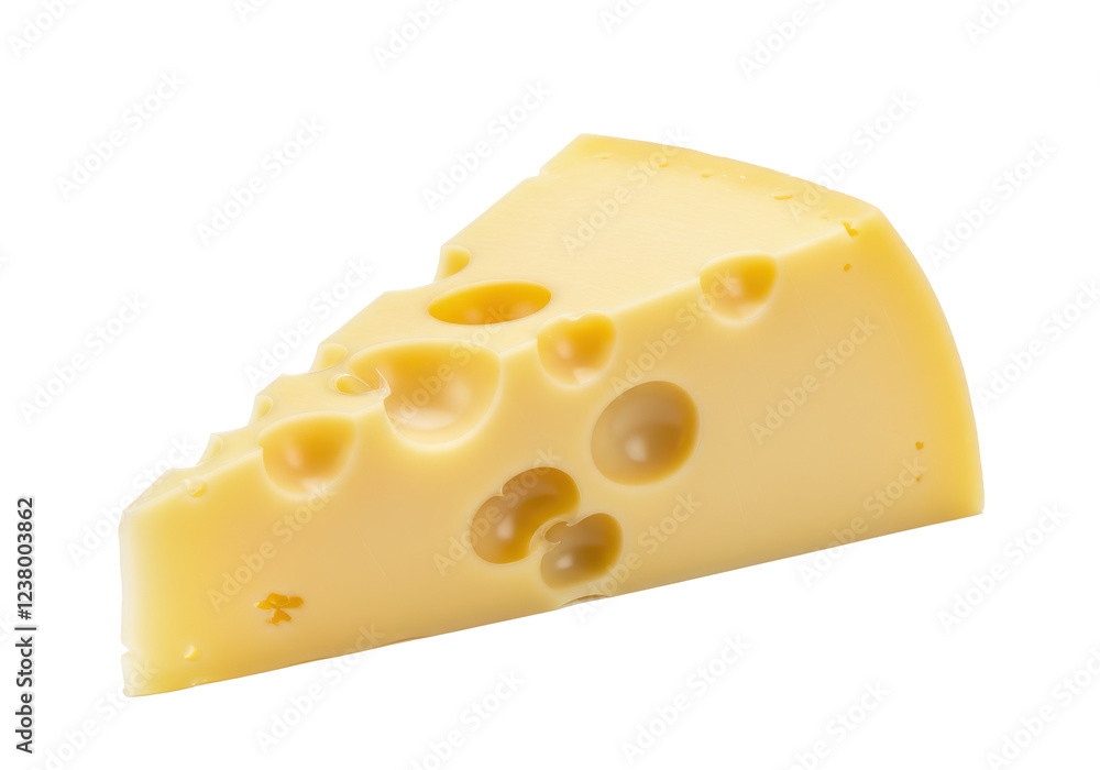 A triangular slice of Swiss cheese with holes of various sizes, isolated on a white background A triangular slice of Swiss cheese with holes of various sizes, isolated on a white background