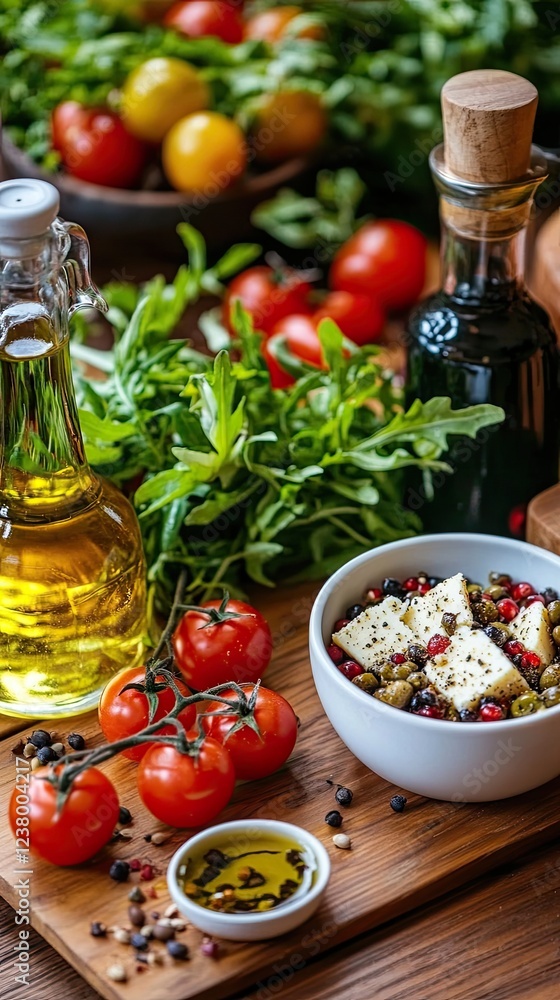 Close-up of feta cheese cubes arranged with fresh tomatoes and basil on a wooden table, highlighting their rich colors and textures Close-up of feta cheese cubes arranged with fresh tomatoes and basil on a wooden table, highlighting their rich colors and textures