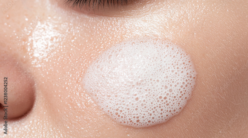 Fototapeta premium Close up of facial cleansing foam on skin, highlighting texture and bubbles