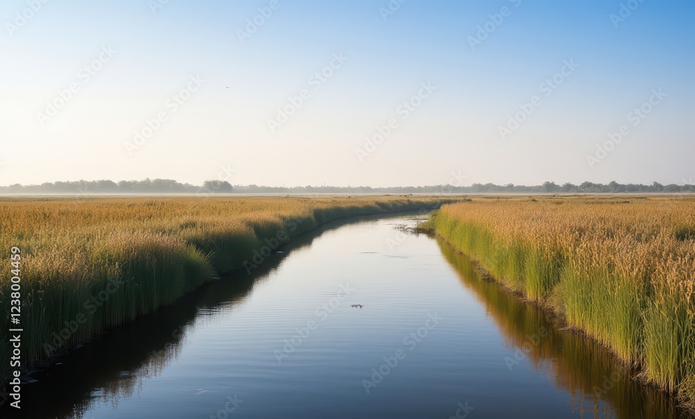 Serene river flowing through golden fields Serene river flowing through golden fields