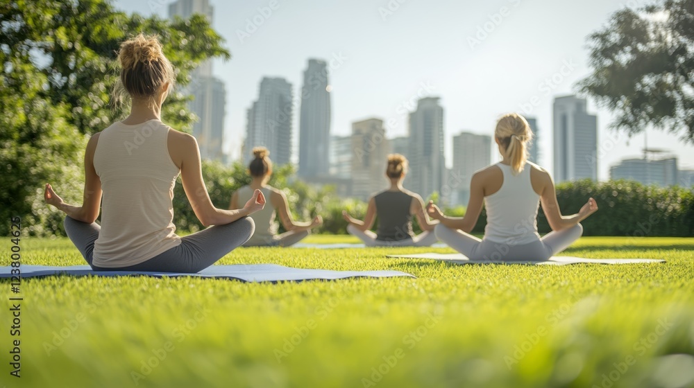 Elegant A diverse group of people practicing yoga in a city park with skyscrapers in the background under a clear blue sky Elegant A diverse group of people practicing yoga in a city park with skyscrapers in the background under a clear blue sky