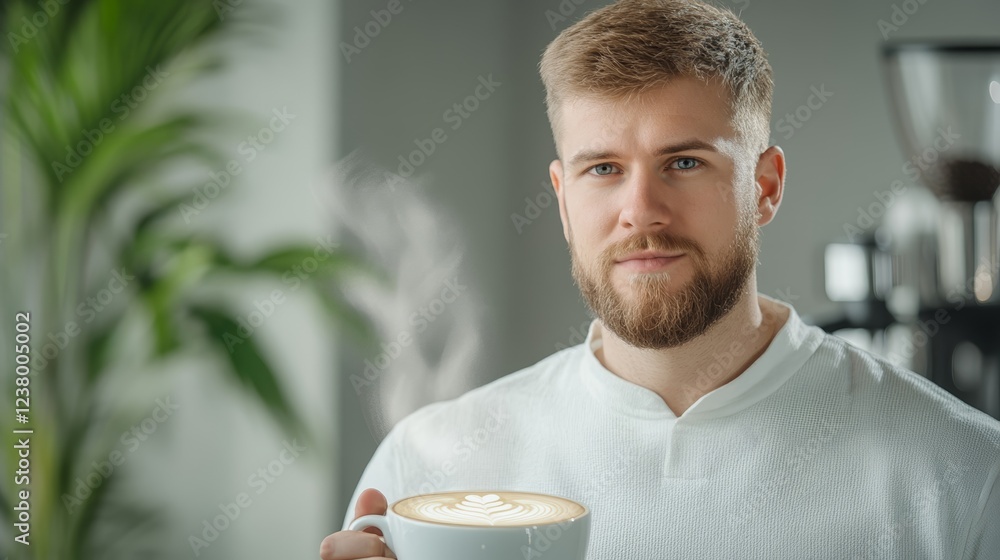 Elegant Barista crafting latte art on a shot of espresso with steam rising and a backdrop of traditional Italian coffee equipment Elegant Barista crafting latte art on a shot of espresso with steam rising and a backdrop of traditional Italian coffee equipment