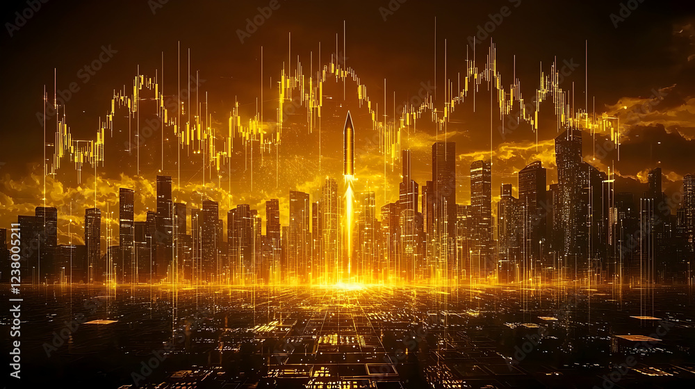 Naklejka premium Cityscape Rocket Launch, Stock Market Growth