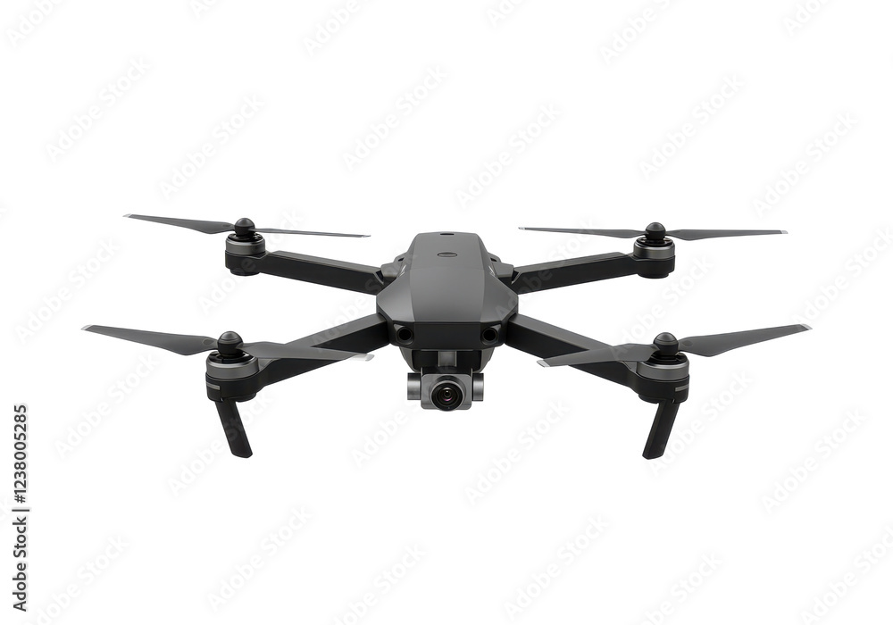 A modern black drone with camera and extended propellers, isolated on a white background A modern black drone with camera and extended propellers, isolated on a white background