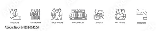 Stakeholder icon set flow process which consists of community, trade unions, suppliers, and customers icon live stroke and easy to edit .