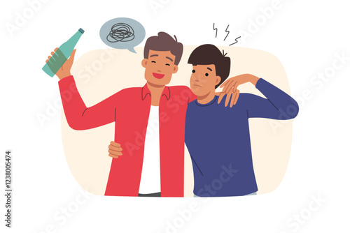 Obraz na płótnie Man is leading drunk friend with bottle in hand, helping him get home after party. Guy accompanies drunk friend who is addicted to beer or vodka and suffers from lack of willpower. w salonie